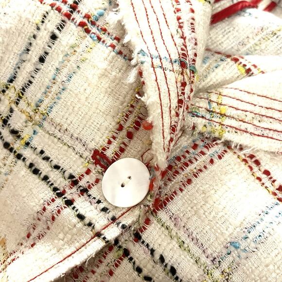 Zara Cream Red Plaid Boucle Cropped Tweed Blazer Jacket Sz 6 Deconstructed Chic - Picture 5 of 14